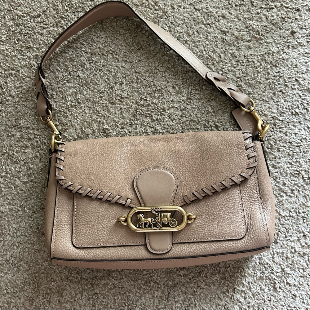 Coach Beige Leather Shoulder Bag with Woven Detail
